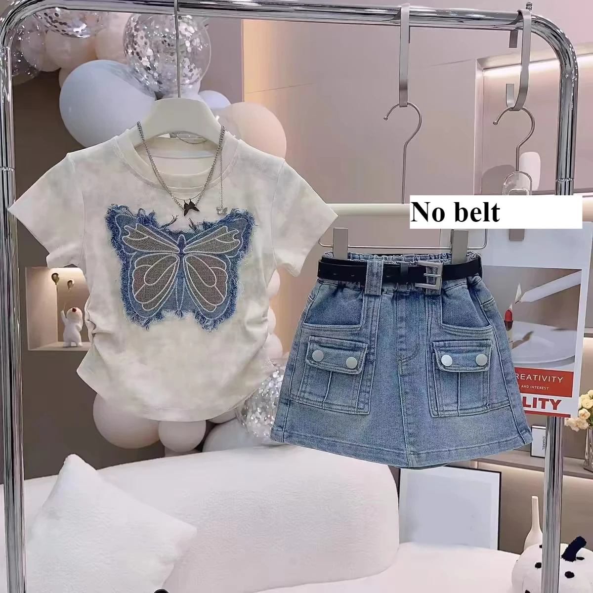 Girls Clothing Sets Summer Personalized Ragged Fabric Splicing Embroidered Short sleeved Top+Children\'s Casual Denim Skirt Suits