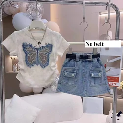 Girls Clothing Sets Summer Personalized Ragged Fabric Splicing Embroidered Short sleeved Top+Children's Casual Denim Skirt Suits