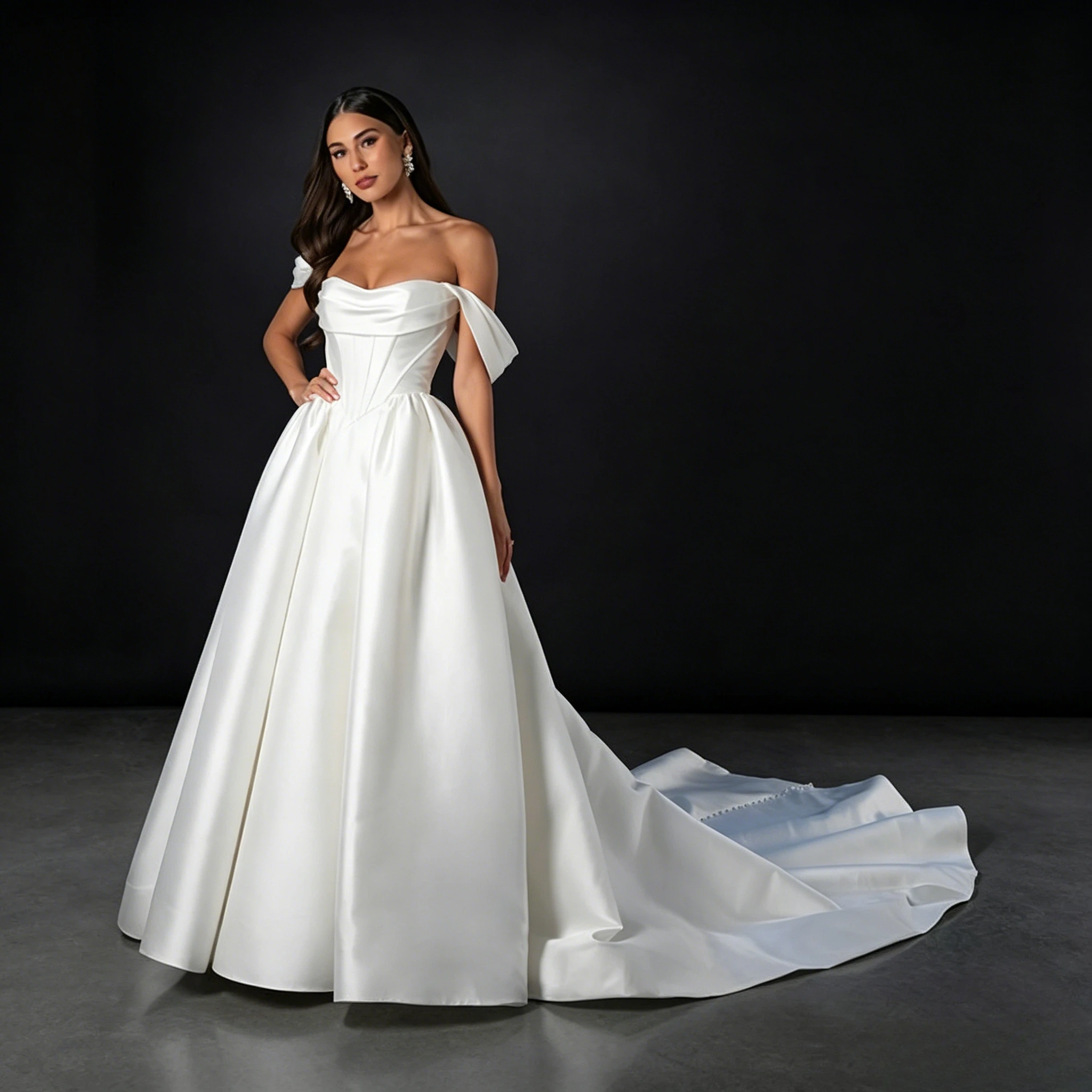 Customized Luxury Ivory Satin Ball Wedding Gown Featuring Off-The-Shoulder Draped Sweetheart Neck, Single Side Fabric Bow Strap