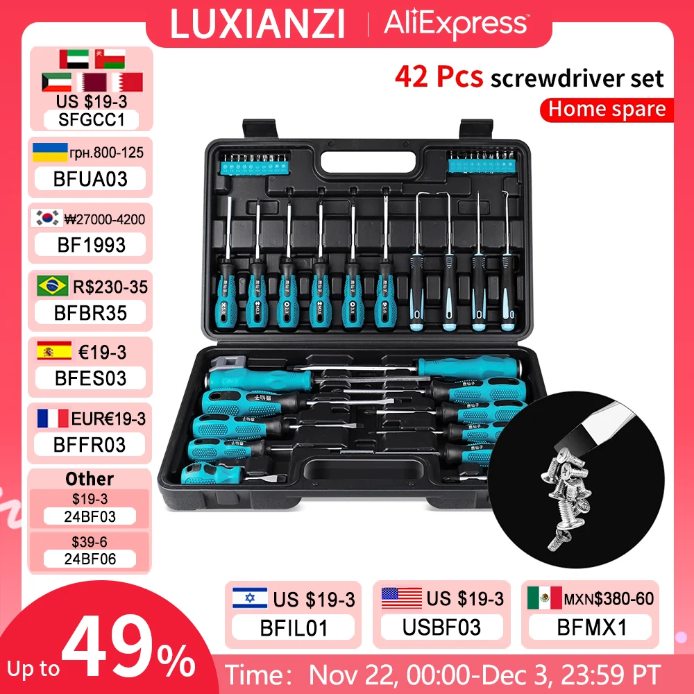 LUXIANZI 42Pcs Screwdriver Hand Tool Set with Plastic Toolbox Precision Magnetic Bits Phillips Soltted Piercing screwdrivers Kit