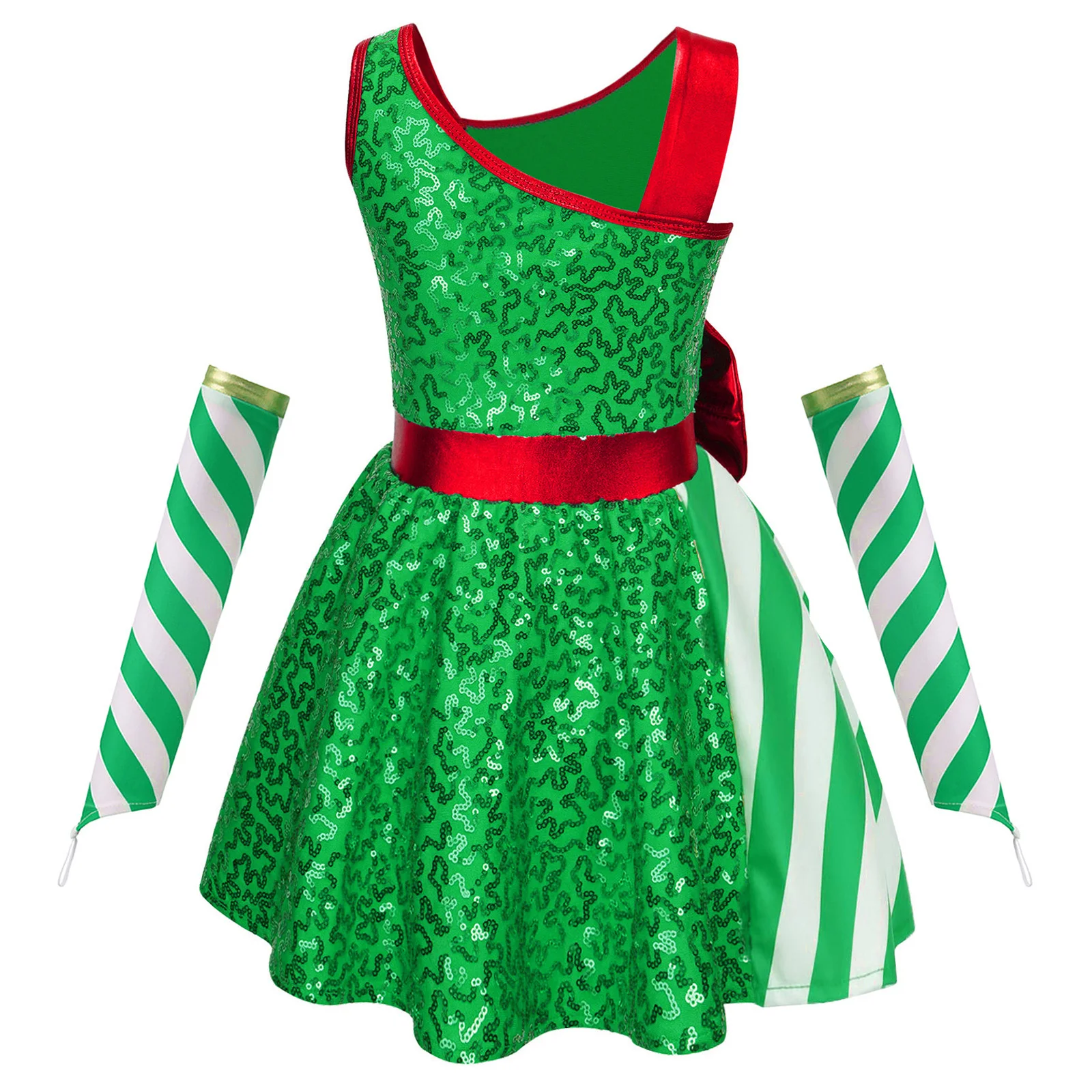 어린이 소녀용 반짝이 크리스마스 레오타드 드레스, 크리스마스 새해 산타클로스 의상, 큰 리본 디테일과 스트라이프 오버슬리브 엘프 의상