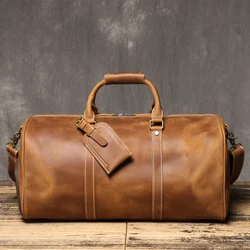 Men's High-Quality First-Layer Cowhide Handbag, Crazy Horse Leather Large-Capacity Crossbody Bag, Dual-Use with Shoe Compartment