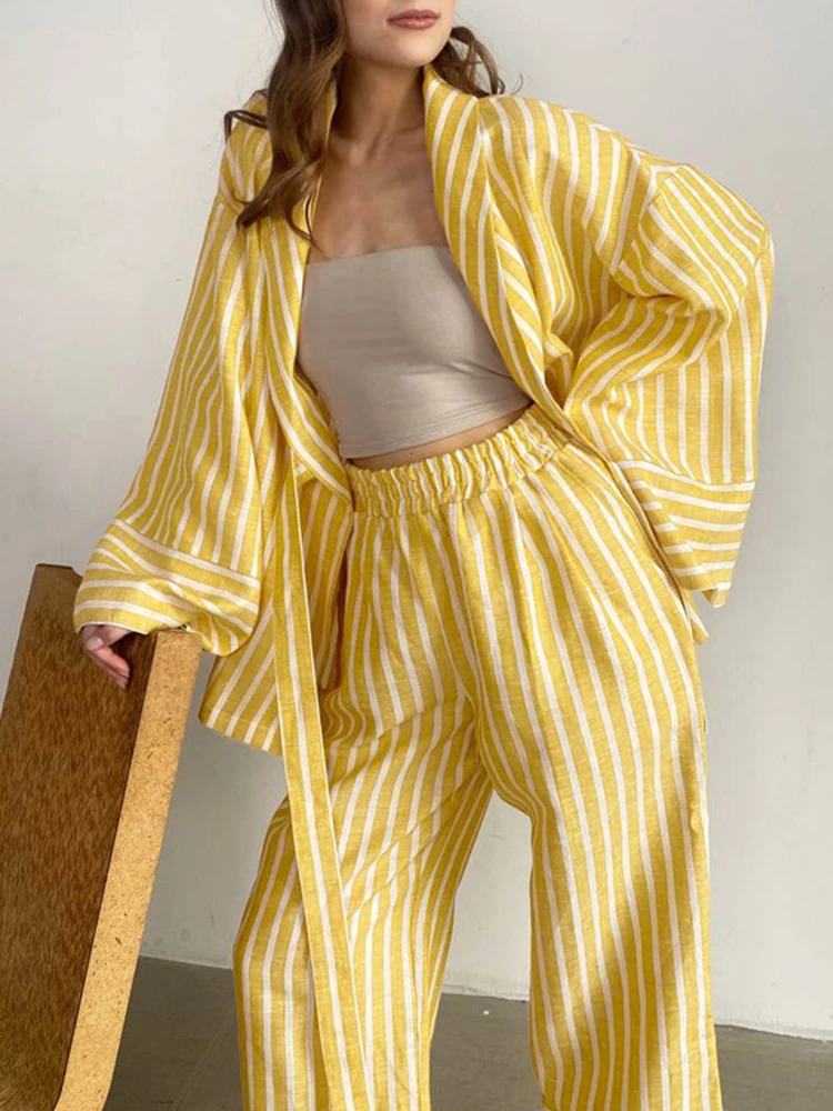 Casual Yellow Stripe Suits Elegant High Waist Wide Pants Set Fashion Lapel Long Sleeve Shirts Two Piece Set For Women Outfit