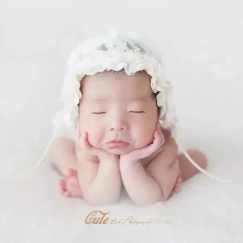 Newborn Photography Accessories Fotografie  Soft Cute Solid Color Crochet Lace Lace-Up Flowers Cap Baby Photo Shooting Props Hat