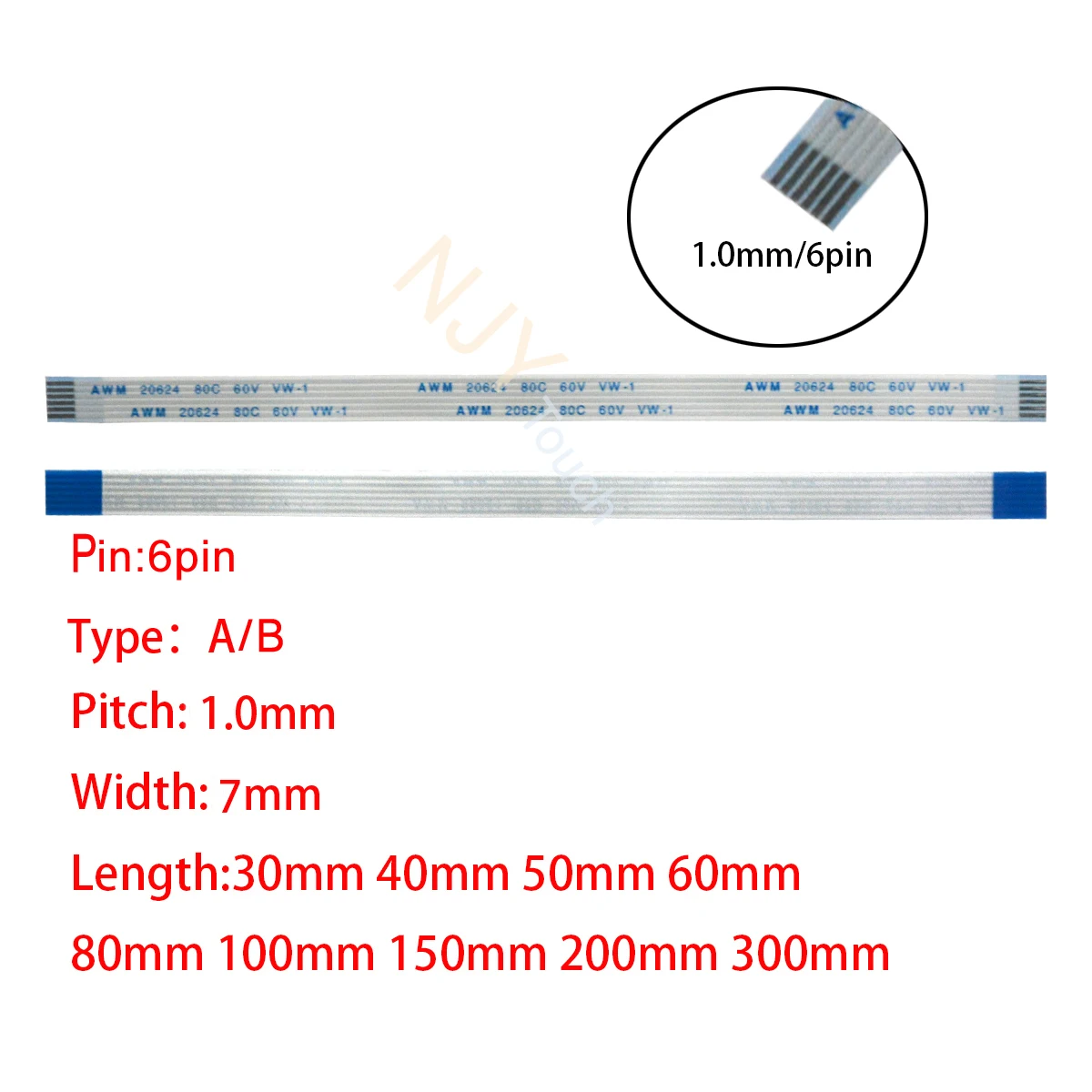 

6Pin 1mm Pitch FFC FPC AWM 20624 80C 60V VW-1 A B Type Flat Flexible Cable 60/100/150/200/250/300/400mm connector