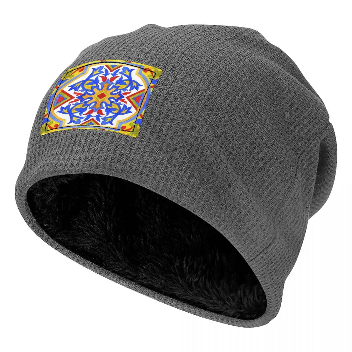 Portuguese Azulejo Tiles Waffle Knit Fleece Lined Beanie with PU Leather Patch Unisex Warm Winter Soft Cap