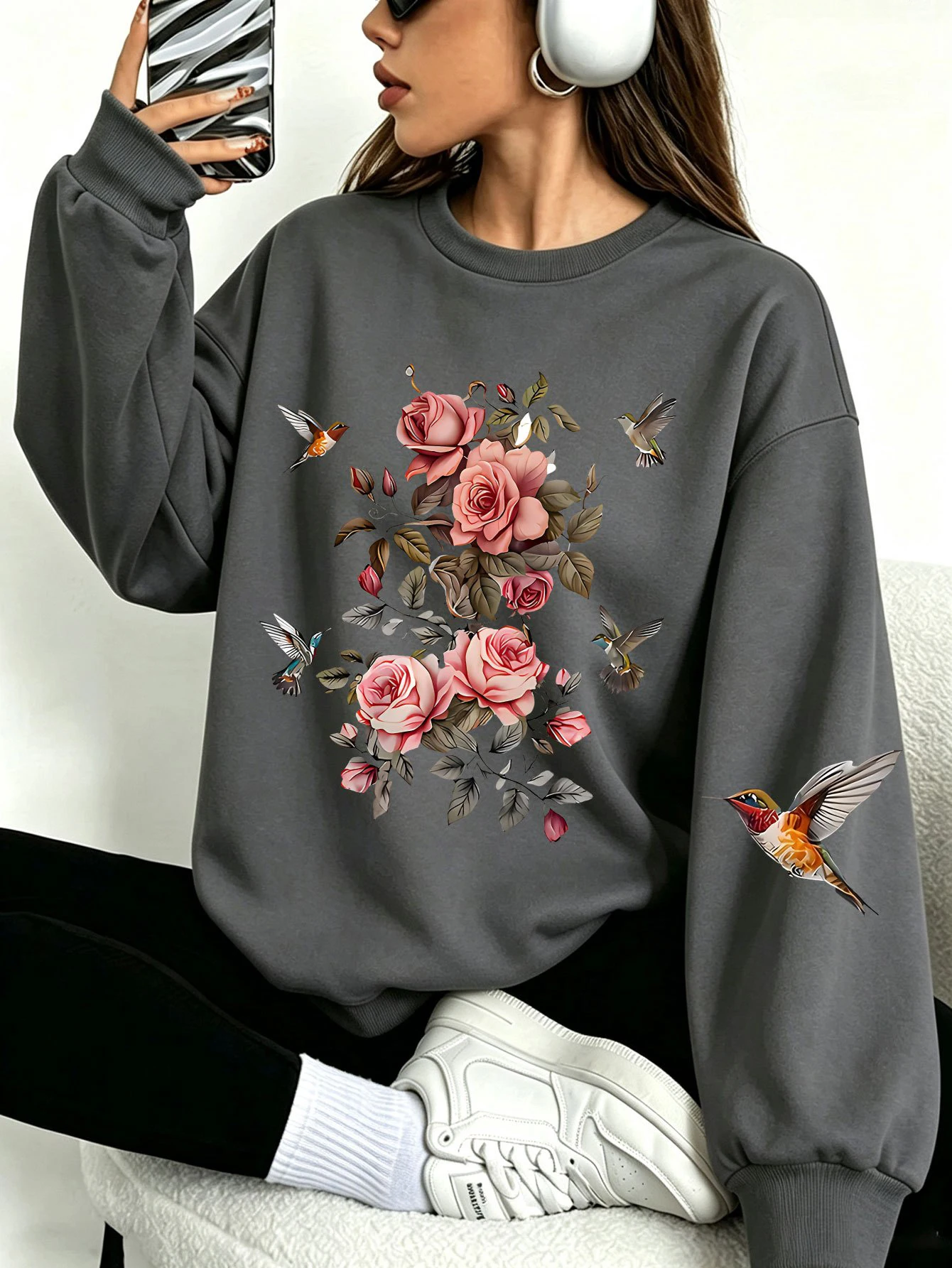Rosa Rose Kolibri Blumendruck Damen Pullover Fleece Unisex Sweatshirt Rundhals Y2K Streetwear All-Match Herbstkleidung – Detail 11