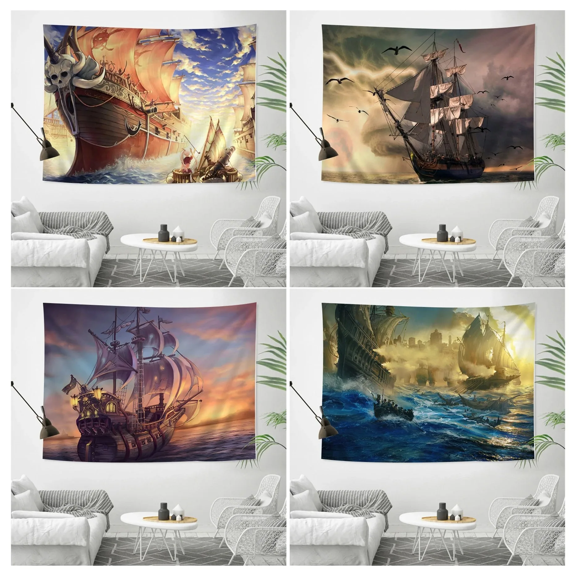 Pirate Ship Tapestry Art Print Wall Hanging Nautical Pattern Decor Home Decor