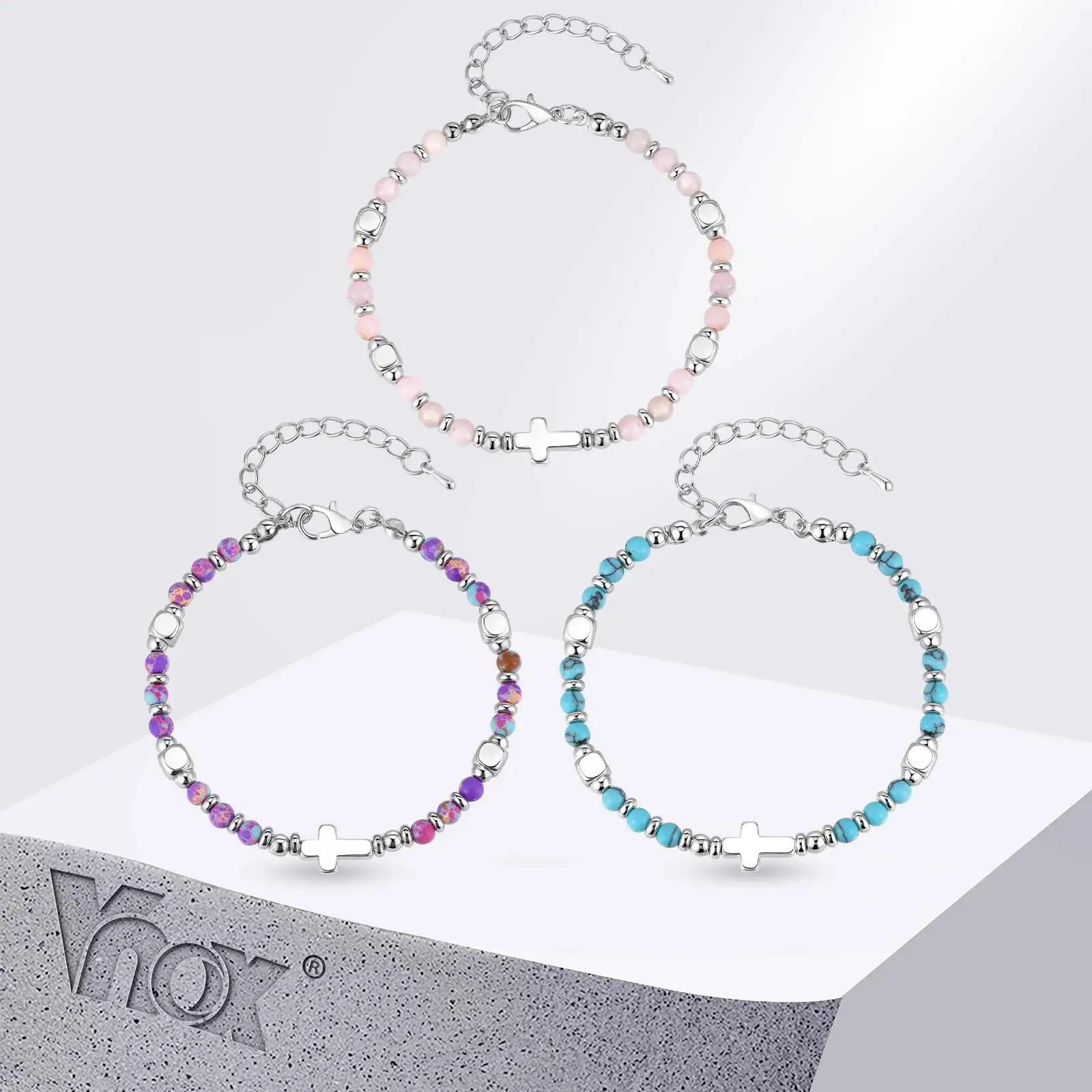 

Vnox Classic Cross Shape Natural Pink Stones Beaded Bracelet Adjustable Chain Bracelet Retro Daily Wear Jewelry for Women Gifts