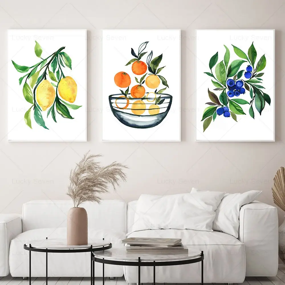 Fruit Lemon Watercolor Painting Prints Oranges Blueberry Pineapple Canvas Posters Wall Art Pictures Modern Kitchen Decorative