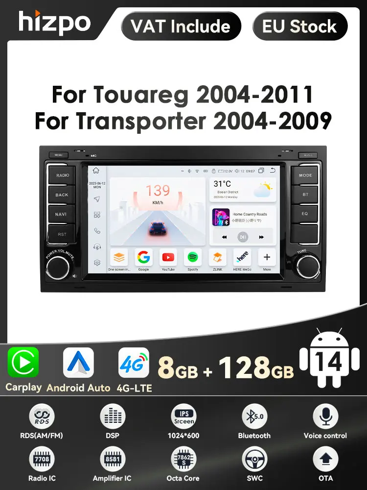 Carplay 4G-LTE 7 ''2Din Android 14 Autoradio GPS voor VW Volkswagen Touareg Transporter T5 Multivan Naviagtion speler Audio WIFI - afbeelding 2