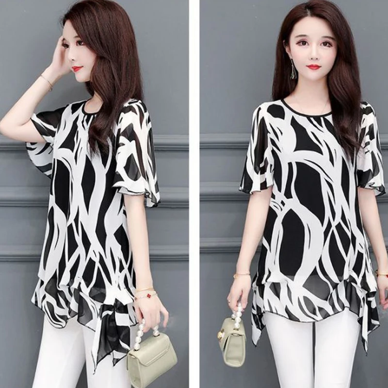 Women Summer Trend Loose Large Size Printing Appear Thin Chiffon Short Sleeve Shirts Women Clothes Fashion All-match Top Tee