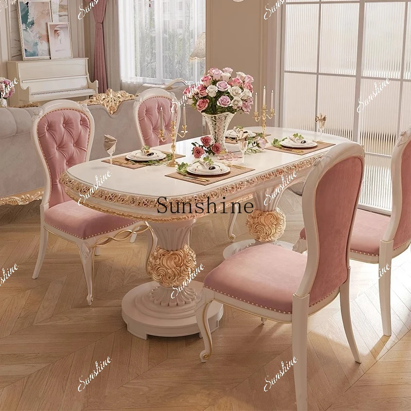 

ft French luxury full solid wood carving flower oval rectangular dining table and chairs