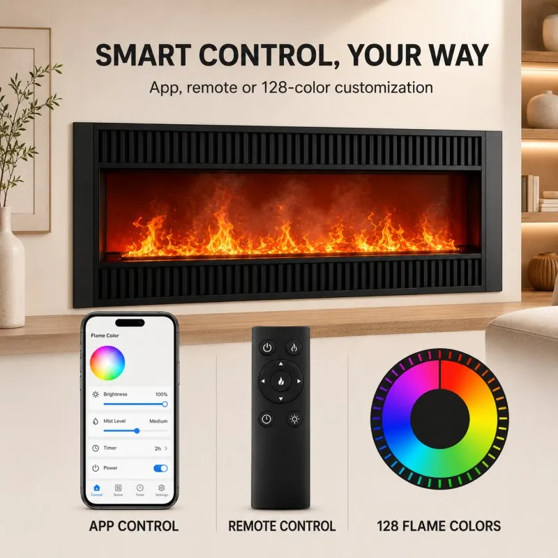 3D Water Vapor Electric Fireplace Smart APP Control Humidifier 6L Tank Multicolor Mist Flame Crackling Sound Child Lock Firepit