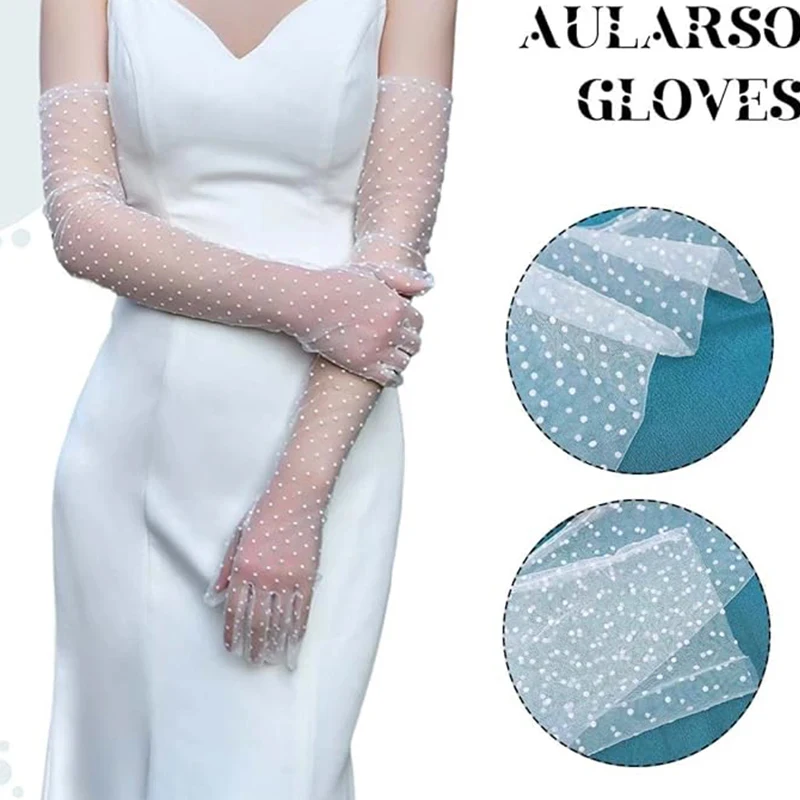 Women\'s mesh vintage long Dot polka dot gloves Sun protection Lace wedding bridal dress accessorize with embellishments