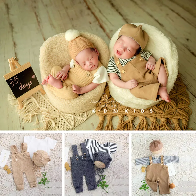 

Newborn Boy Clothes Photography Knitted Romper T-shirt Hat Set Baby Photo Shoot Prop Outfit Bebe Sports Suit Studio Accessories