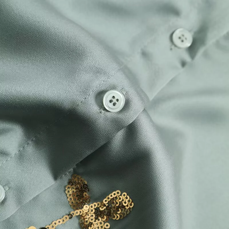 KEYANKETIAN 2025 Spring New Women's Sequined Decoration Satin Blouse Single Breasted Loose Long Sleeve Shiny Shirt Female Top