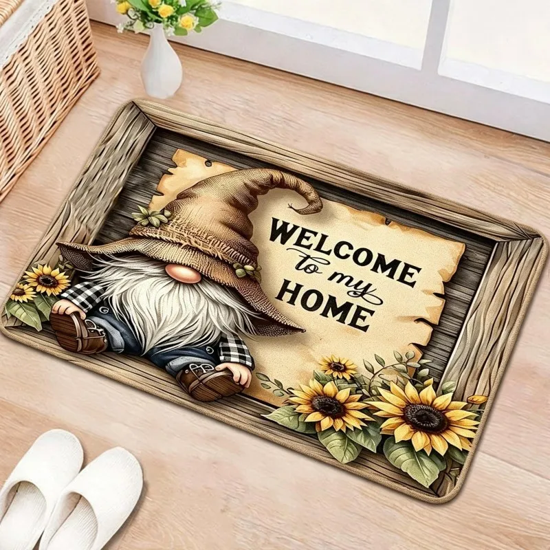 Gnome Sunflower Welcome Mat Rustic Wood Frame Script Text Print Non Slip Indoor Entrance Rug For Farmhouse Home Decor