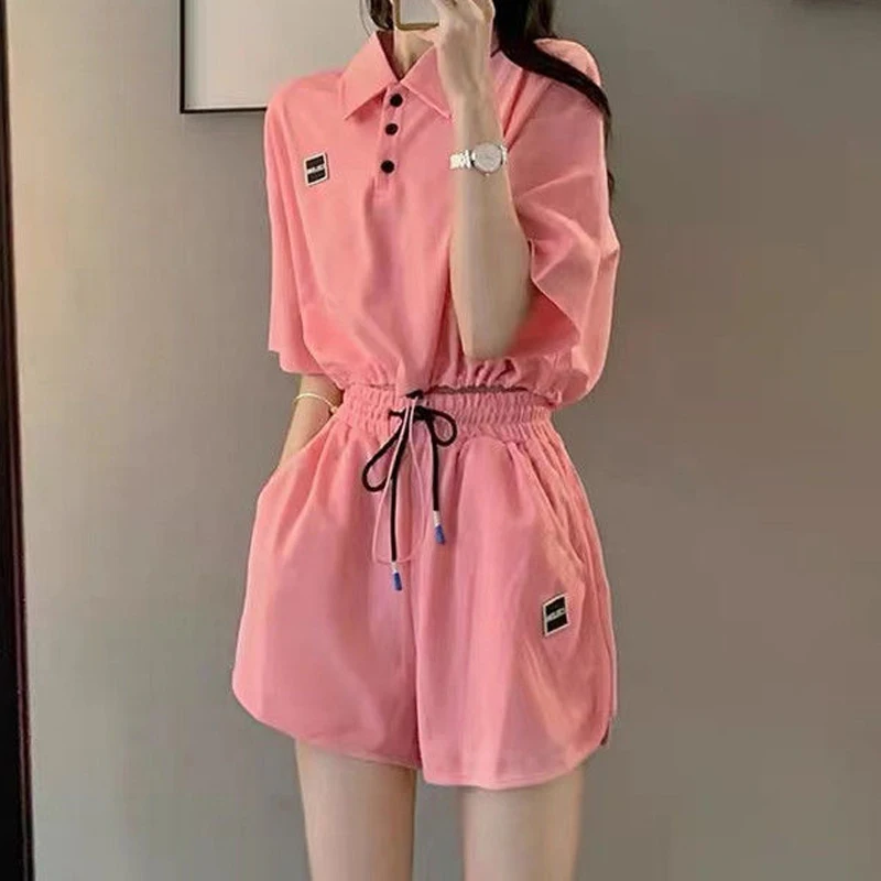 2 Piece Sets Women 2024 Summer Trendy Polo Collar Short Sleeve Sexy Crop Tops Y2K Female Solid Loose Sports Jogger Shorts Outfit