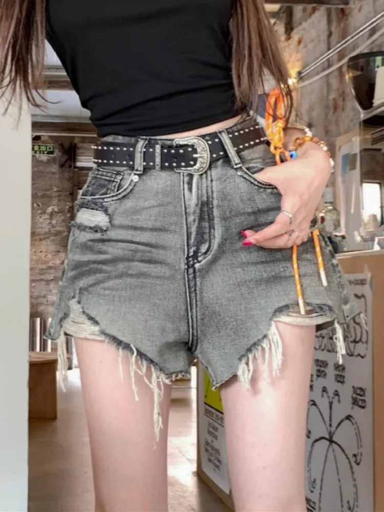 

GUUZYUVIZ Vintage Wash Ripped Tassle Denim Wide Legs Shorts Y2K Summer Casual High Waisted Jean Shorts Feminino