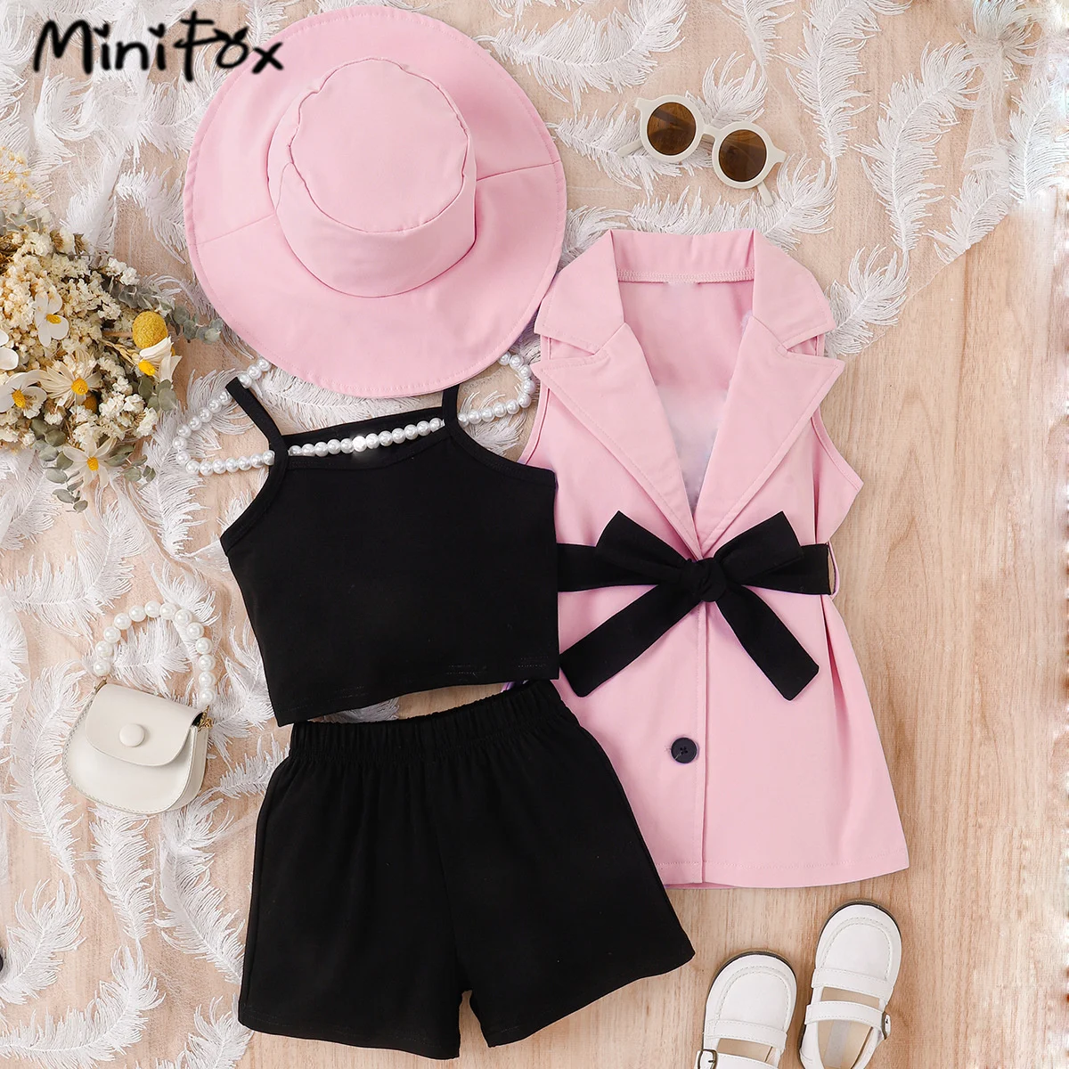 MiniFox Girls\'s Blazer Sets Elegant Belted Lapel Blazer Jacket+Black Vest+Shorts+Sun Hat 4pcs Kids Clothes Girls Outfit Suit