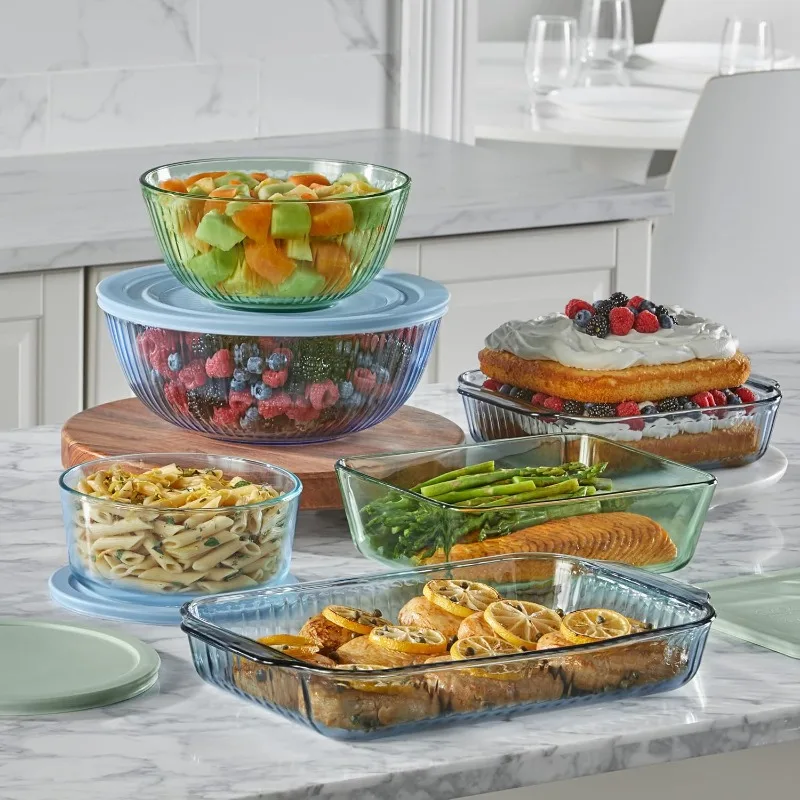 Colors (3-Pack, Full Set) Sculpted Tinted Glass Mixing Bowls With Lids, Nesting Space Saving Set of Bowls For Prepping