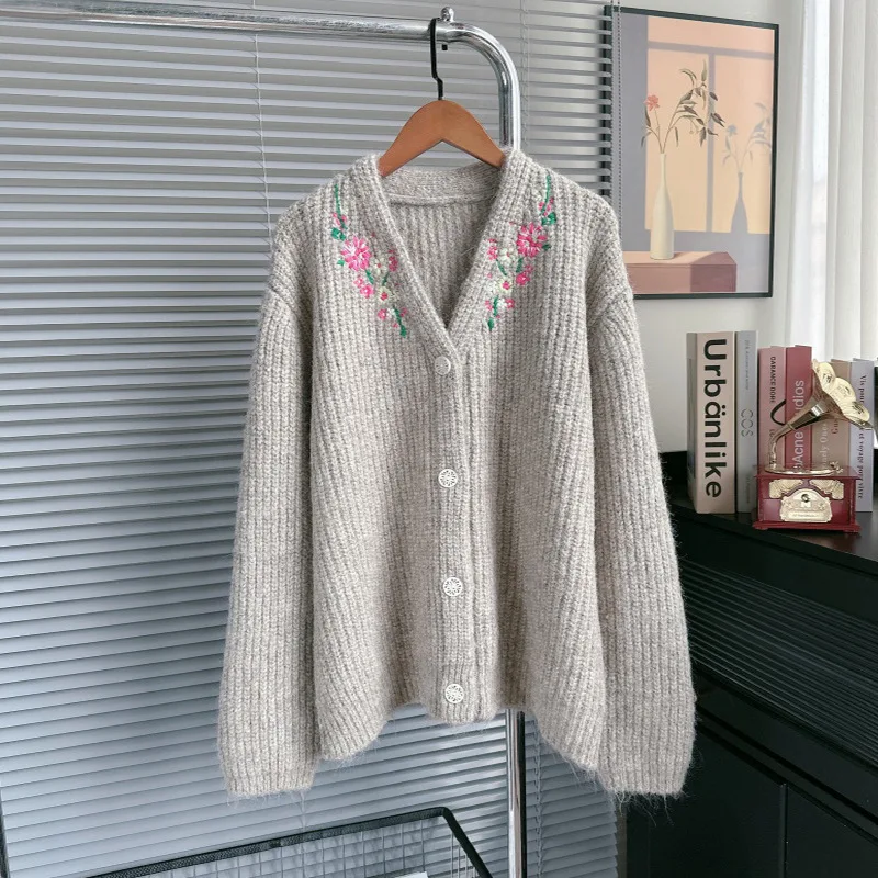 

Women Cardigan Sweaters Coats V Neck Floral Full Sleeve Y2k Streetwear Elegant Splice Knit Jumpers Open Stith Coat Autumn Winter
