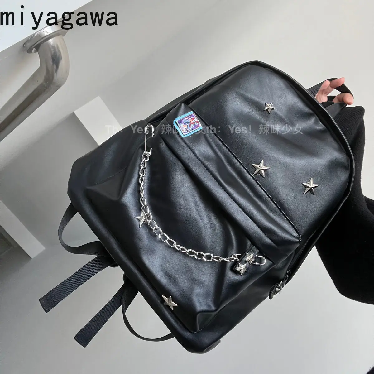 Miyagawa Spicy Girl Minimalist Style Star Rivet Backpack Versatile  Fashion Chain Causal Women 2023 New PU Backpacks