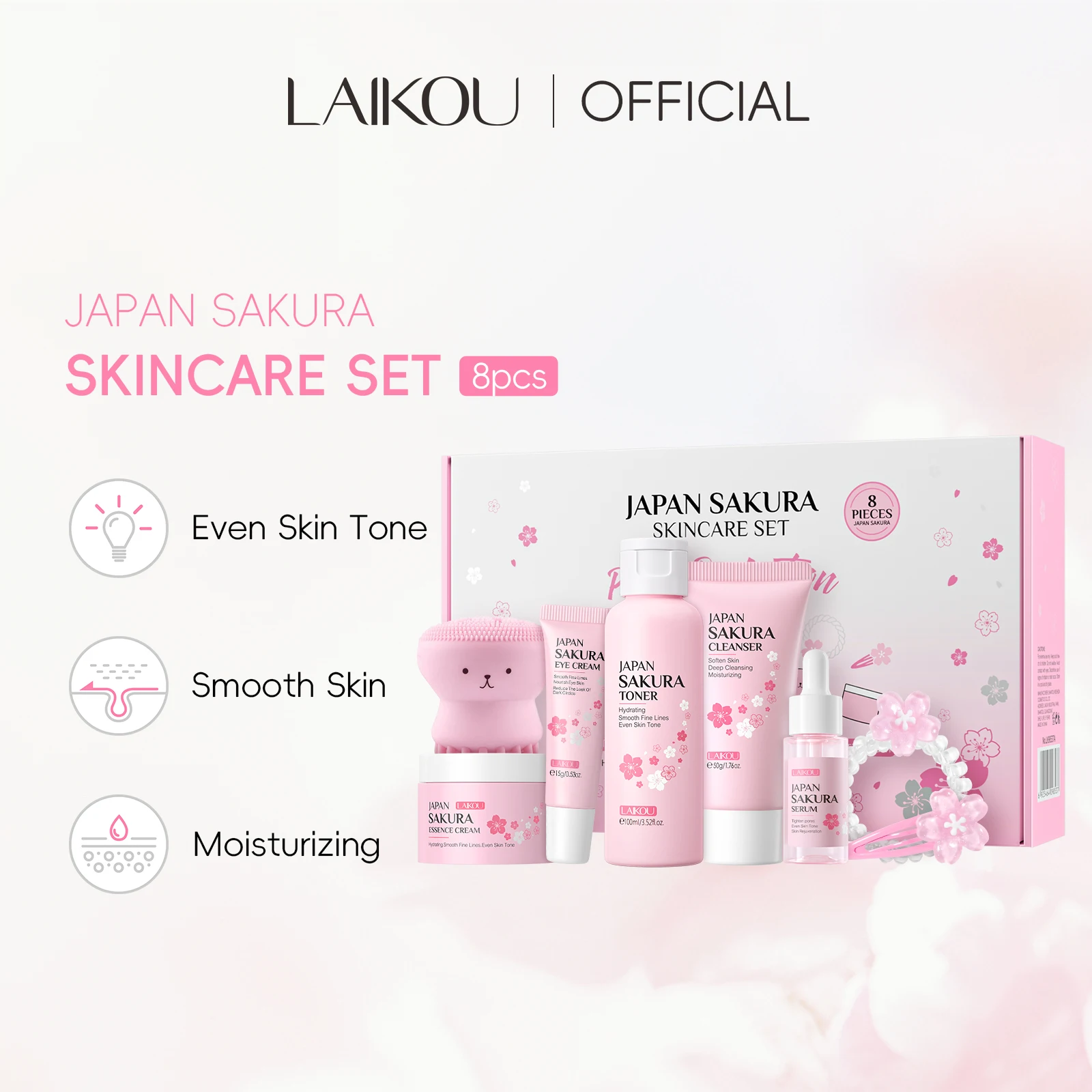 LAIKOU Sakura Skin Care 8pcs Anti-aging Set Skin Rejuvenating Serum Glowing Moisturizer Boost Radiance Toner Smooth Eye Wrinkle