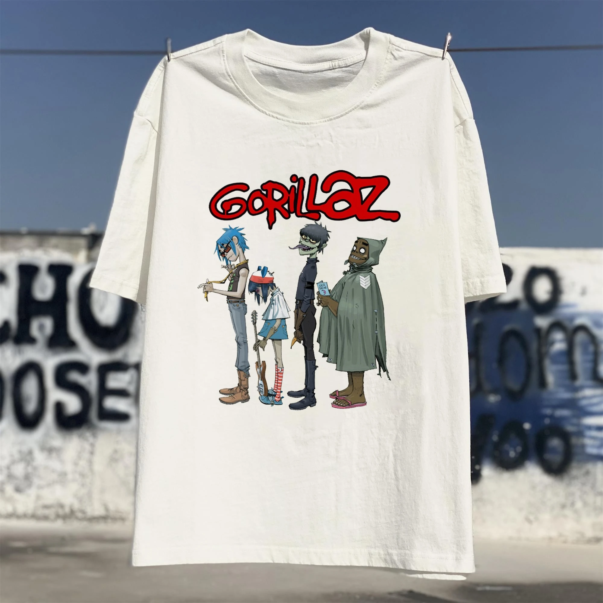 

Американские футболки виртуальной группы с британским мультфильмом Гориллиц в стиле рэп-рок для мужчин и женщин, топы с короткими рукавами и уличным принтом