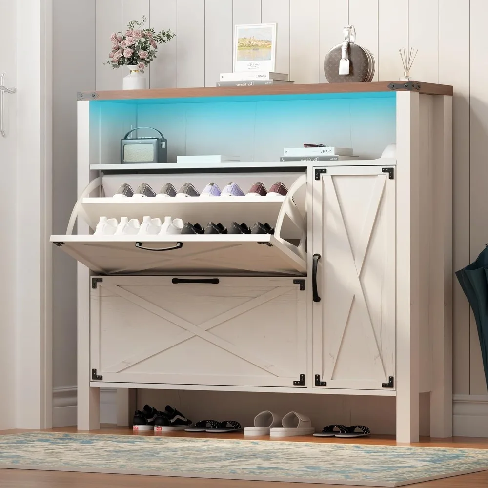 

Adjustable Side Cabinet，Freestanding Shoe Storage Cabinet with Lights, Narrow Entryway Storage for Hallway Living Room Farmhouse