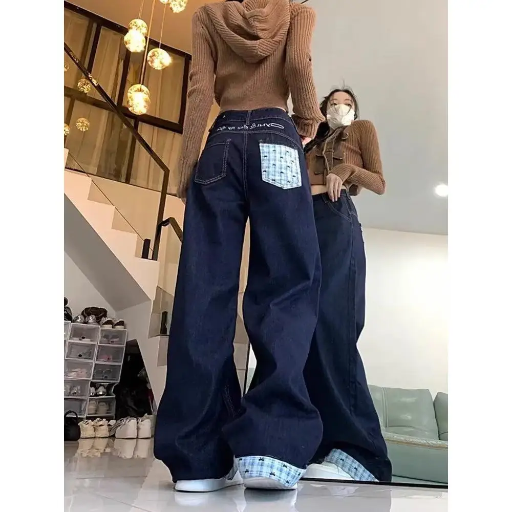 

Ретро американские клетчатые прямые джинсовые брюки, женские осенне-зимние новые свободные узкие широкие брюки High Street