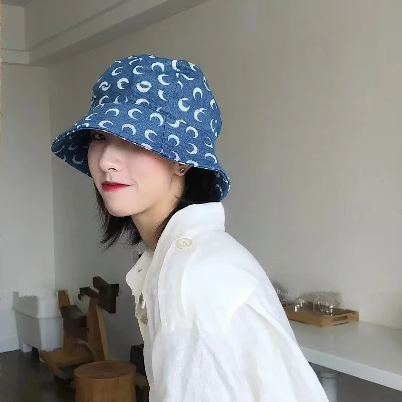 Japanese Denim Bucket Hat 2024 Niche Designer Moon Print Fisherman's Cap Fashion Street Style Retro Basin Hats for Women Gorra