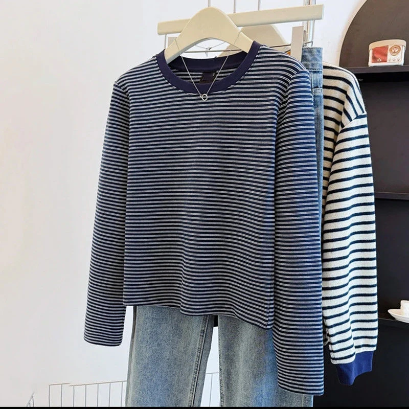 

Cotton Striped Long Sleeve T-shirt Women's Tops O-neck Slim Fit Long Sleeve Top 2025 Autumn Fashion Versatile T-shirt