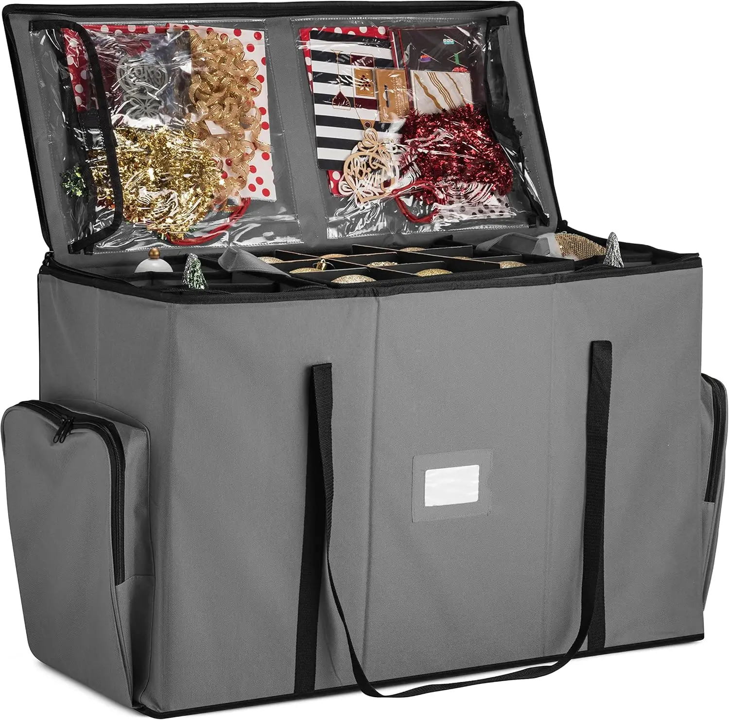 

All-in-One Christmas Ornament Storage Box with Removable Trays, Holds 73 Decorations, Adjustable for Figurines - Gray