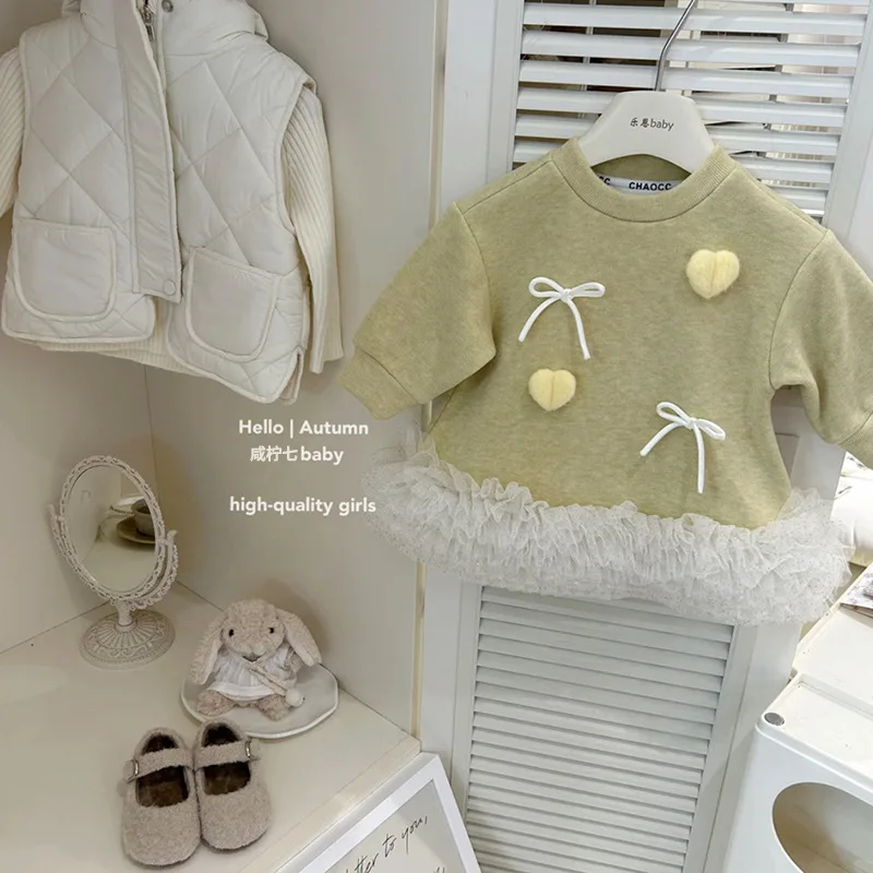 

Winter Children Girls Sweatshirt Dress Cotton Knotbow Love Long Sleeve Kids Girl Dress Fleece Thick Round Collar Baby Girl Dress