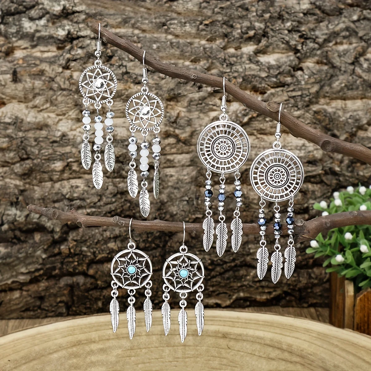 Vintage Style Earrings Set Antique Silver Color Round Tassel Ear Jewelry Rhinestone Inlay For Women To Wear In Daily Clothing