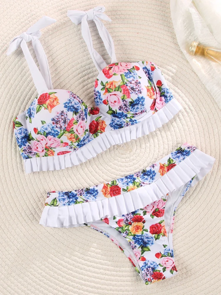 

Push Up Bikini Set Bandage Swimwear Floral Printed Swimsuits 2026 Women Bathing Suit Ruffles Biquini Mujer Beach Swimming Wear