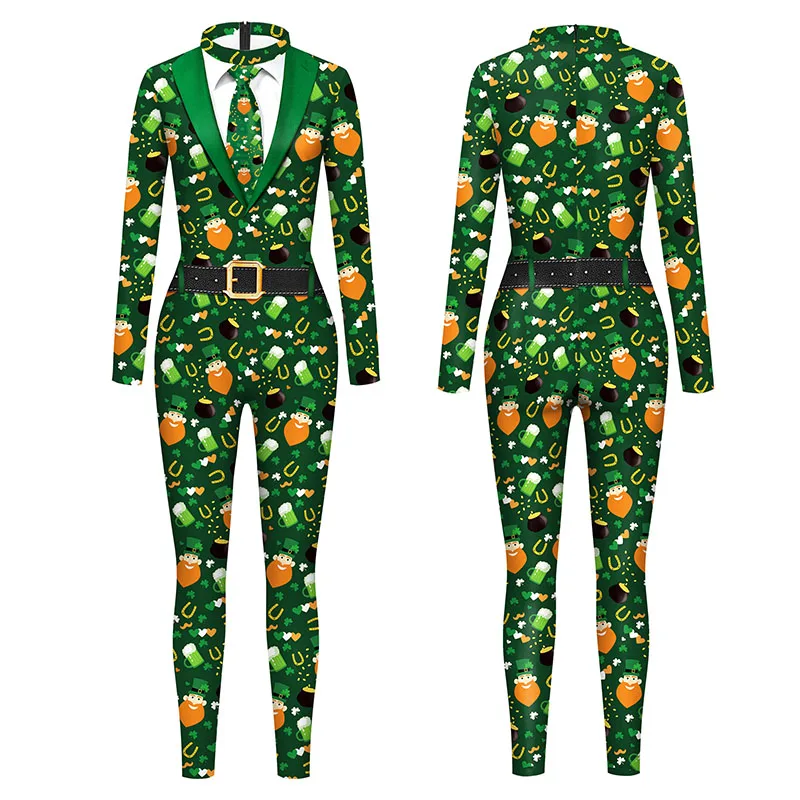 St'patrick's Day Jumpsuit Holiday Cosplay Costume 3D Printing Clothes Green Zentai Adult Bodysuits Festival Outfit for Woman Man