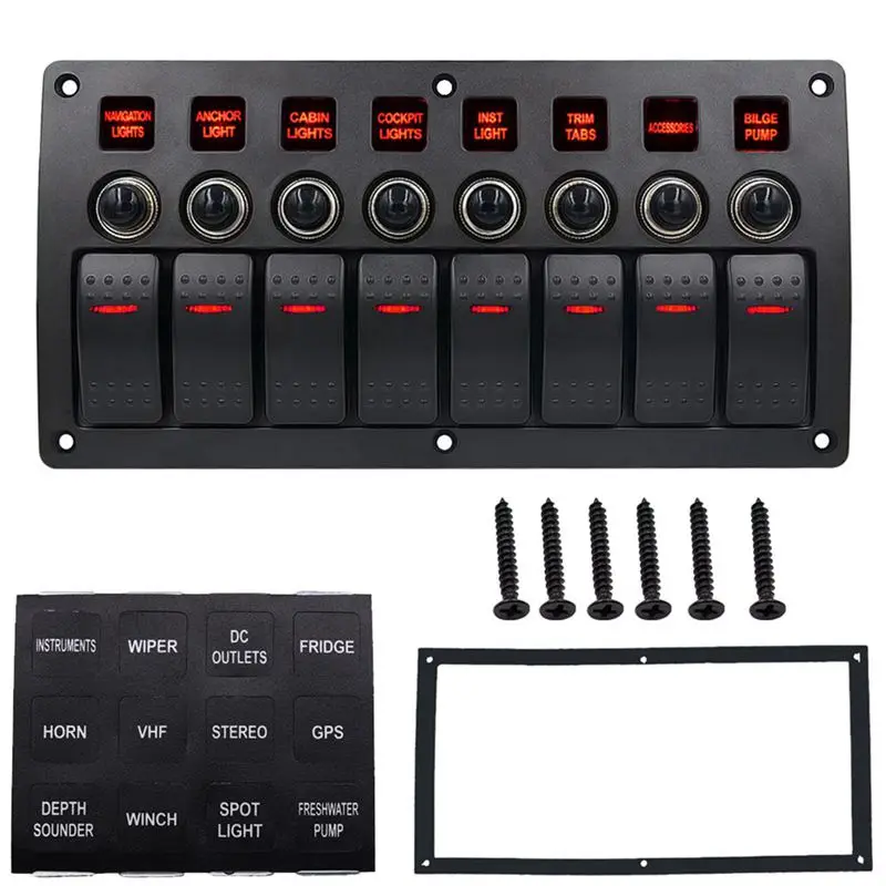 Boat Car Marine Rocker Switch Panel 8 Gang 3PIN & Circuit Breaker Overload Protection Waterproof LED Switch Panel DC12/24V ON-OF