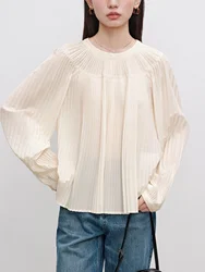 ZIQIAO Women Round Neck Shirt Beige Gentle Autumn New Pleated Design Female Blouse Back Zipper Placket Long Sleeve Top 24ZQ93123