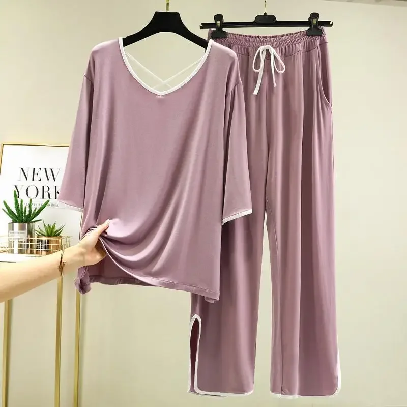 2-300 pounds fat mm pajamas women  summertime Plus size loose V-neck thin Can be worn outside loungewear backless Two-piece suit