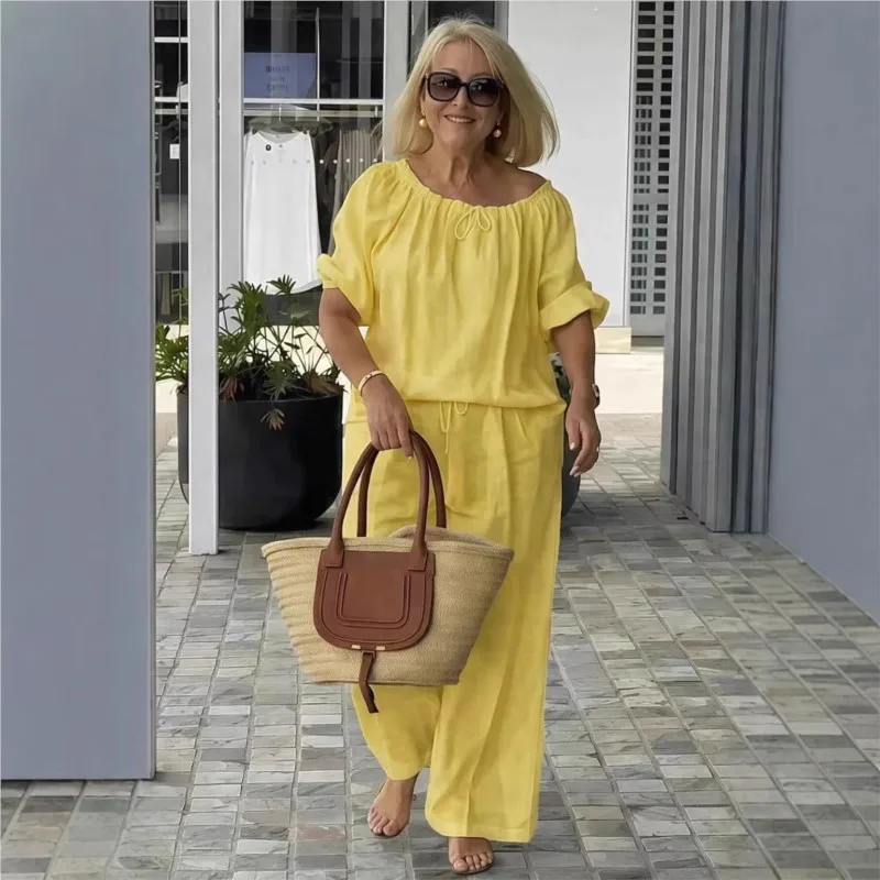

Elegance Casual Pants 2 Piece Set for Woman New Women's Loose Drawstring Round Neck Top And Wide-leg Pants Loose Two-piece Set
