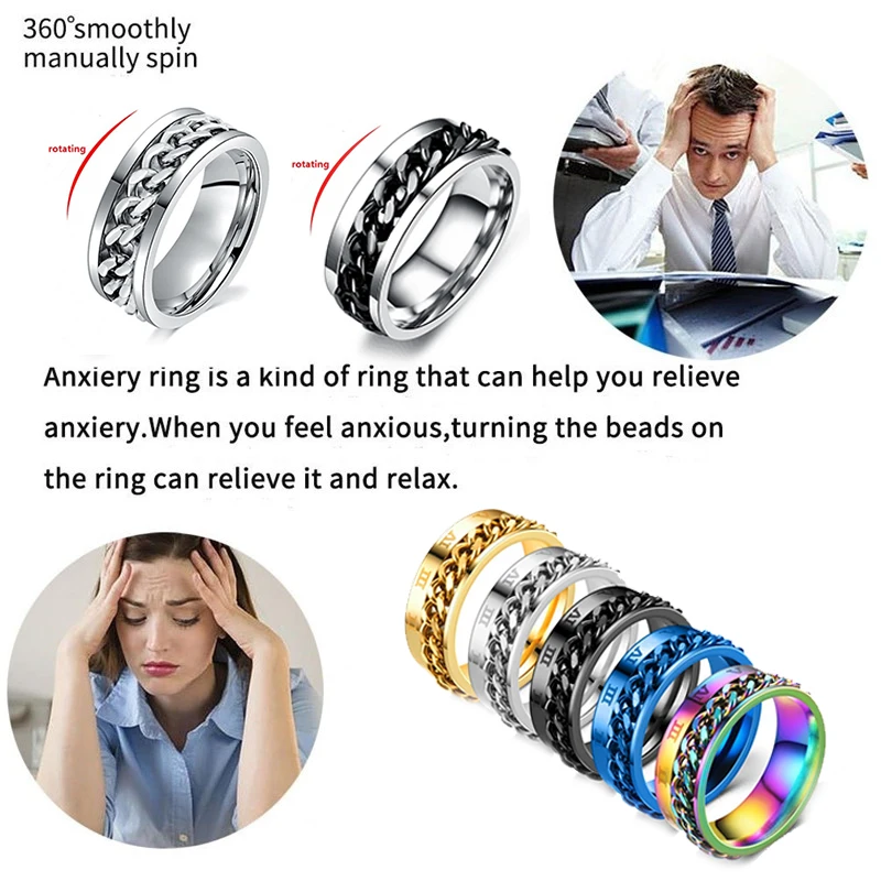 Cool Roman Numerals Rotating Stainless Steel Chain Multifunction Anti Stress Ring for Men Women Anxiety Relief Jewelry Punk Gift