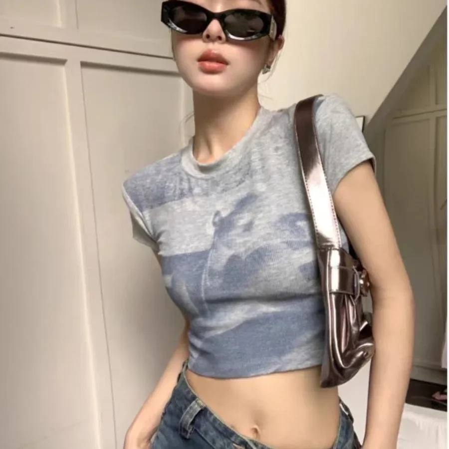 Round Neck Color Blocking Short Sleeve T-Shirt Women's Clothing Summer Cropped Top Revealed Waist TikTok Taobao