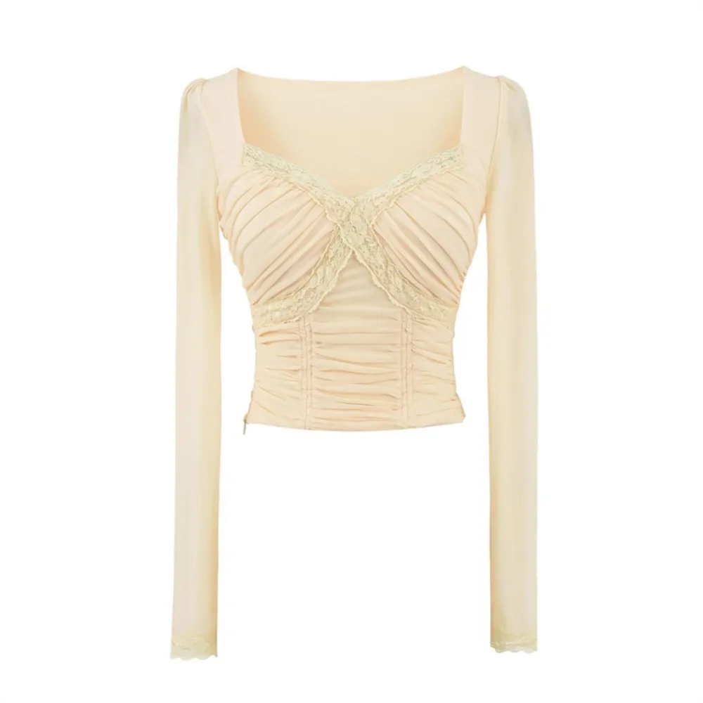 

2026 Simple Style Blusas Long Sleeve Tops T Shirt Tees Temperament Gentle French Pleated Slim Square Collar Solid Color Fashion