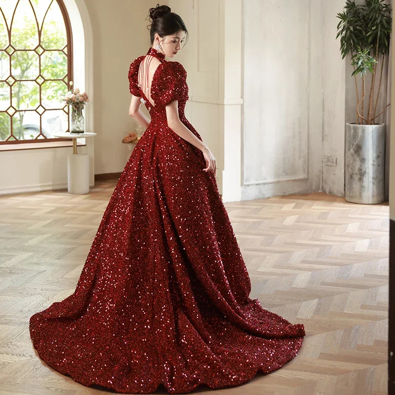 Customized  Elegant Wine Red Sequins Evening Dress for Women Stand Collar Puff Sleeve A-line Sparkling Party Formal Gown Vestido