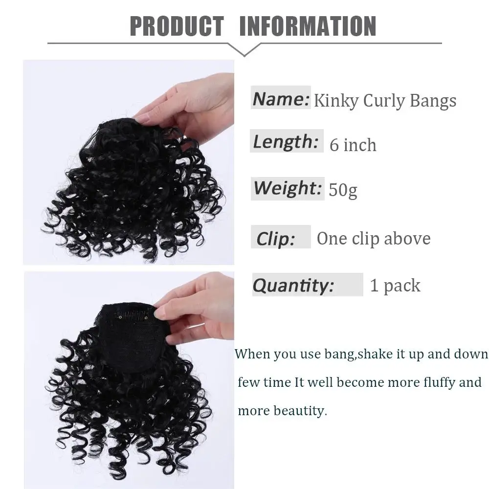 Synthetic Curly Bangs for Women Afro Puff Kinky Curly Bangs Clip In Hairpieces Natural Style Heat Resistant Fiber Hair Extension