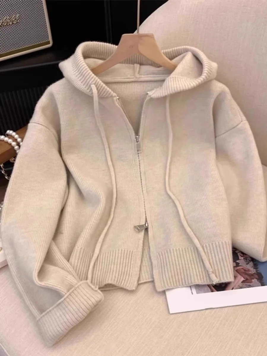 Loose Lazy Zip-up Spring and Autumn Younger Outdoor Sweater Women Cardigan 2024 Early Spring New Hood Knit Outerwear