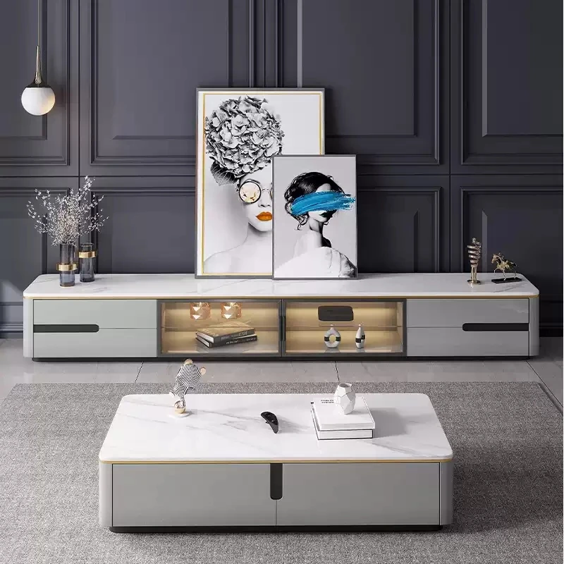 

Light Luxury Modern Minimalist Marble Tea Table Glass Door Floor Cabinet Combination